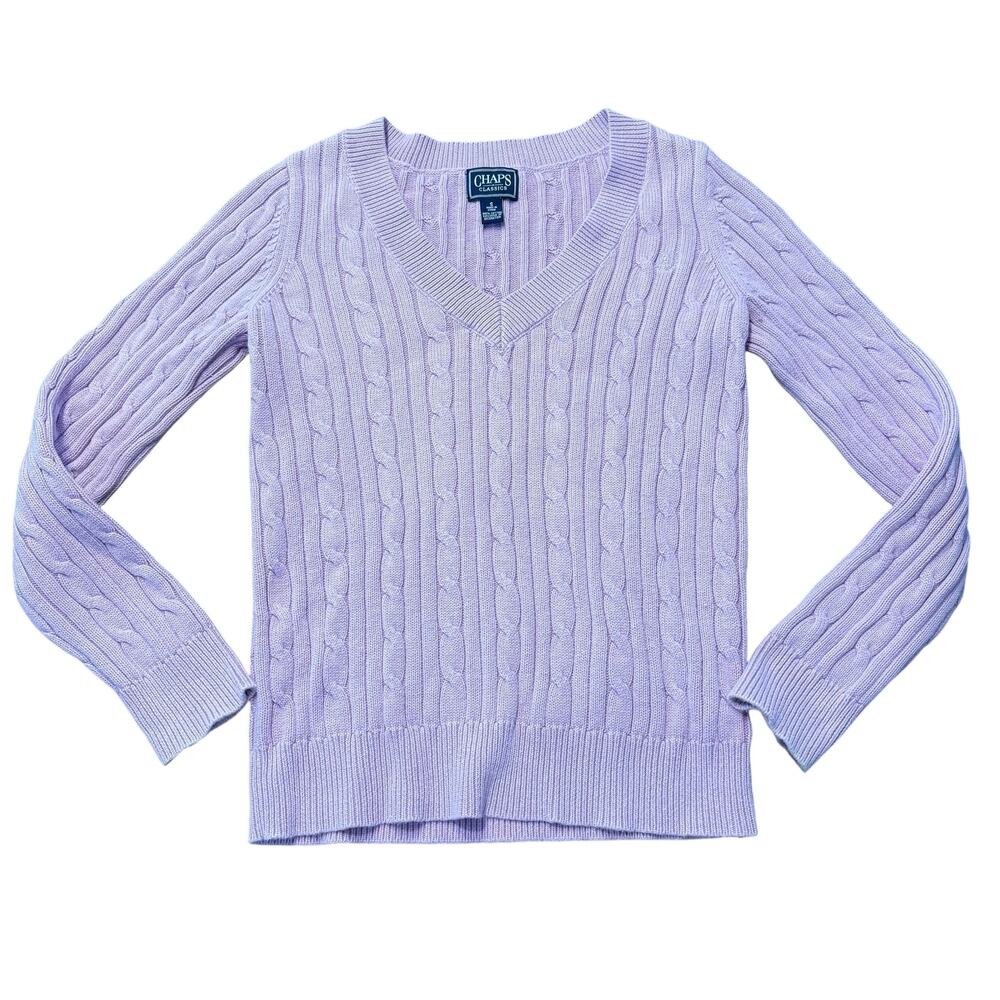 Chaps lilac/light purple cable knit v-neck sweater, chunky knit, Size S